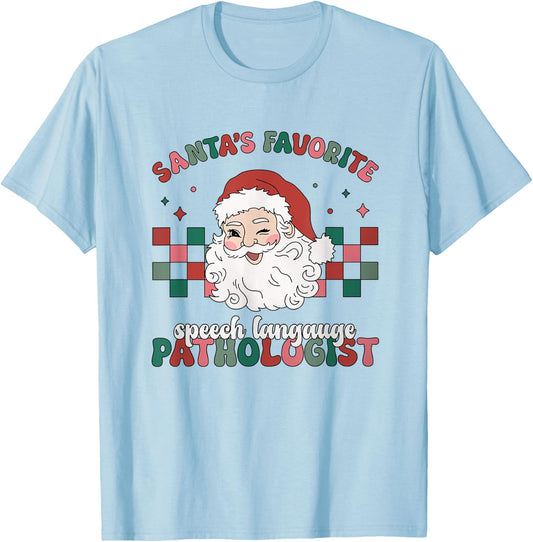 Retro Santa's Favorite Speech Language Christmas SLP T-Shirt - T-Shirt | Light Blue