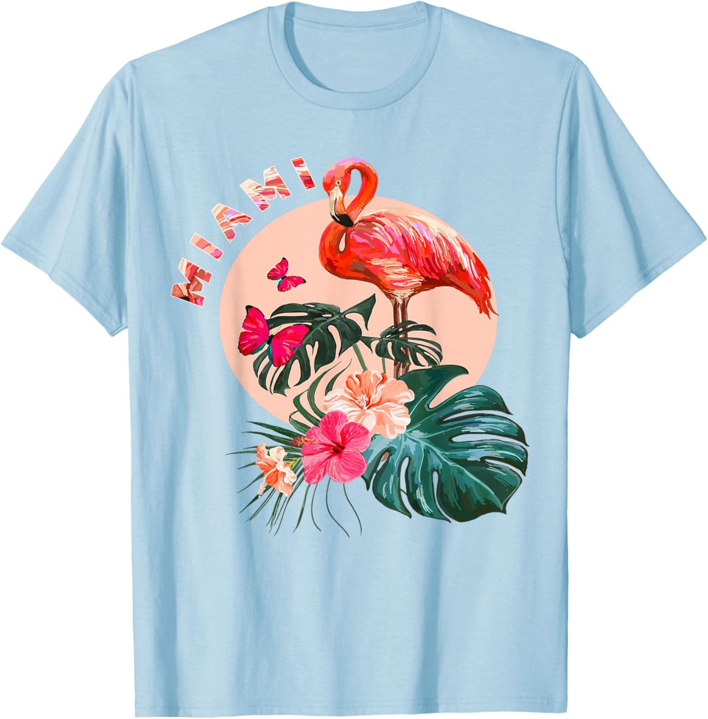 Miami Beach Florida Flamingo Sunset - Flowers Miami Souvenir T-Shirt - T-Shirt | Light Blue