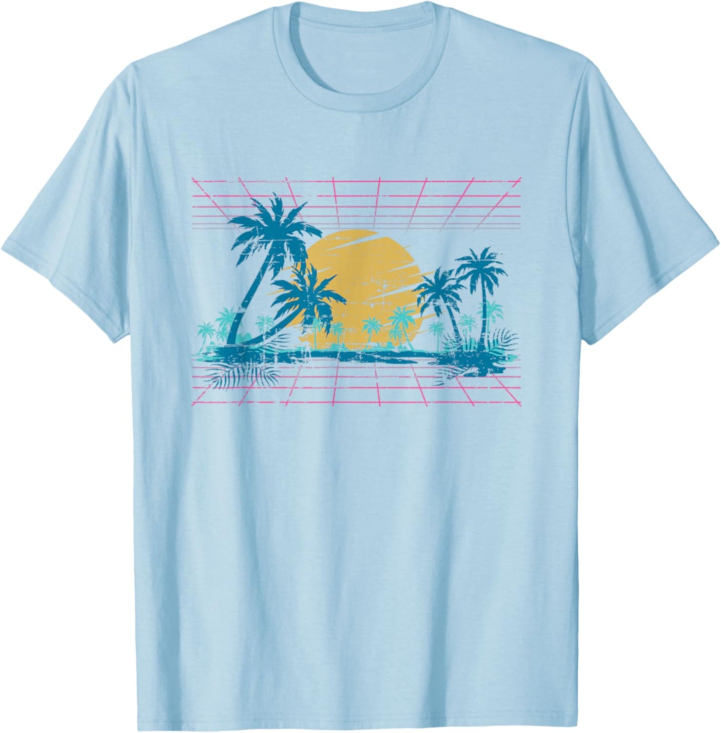Sunset Palm Trees Beach 80s Art Vaporwave Tropical Summer T-Shirt - T-Shirt | Light Blue