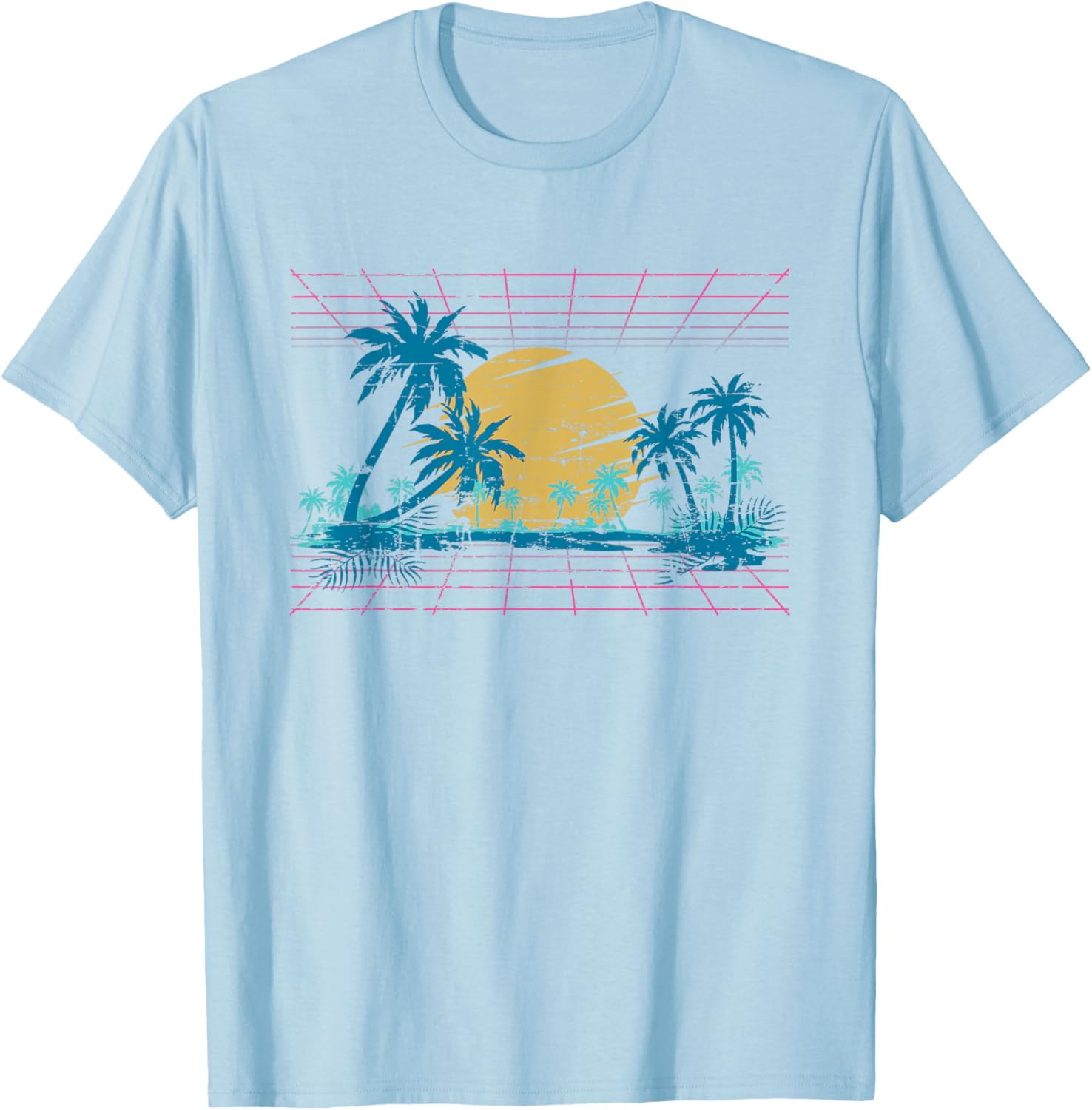 Sunset Palm Trees Beach 80s Art Vaporwave Tropical Summer T-Shirt - T-Shirt | Light Blue