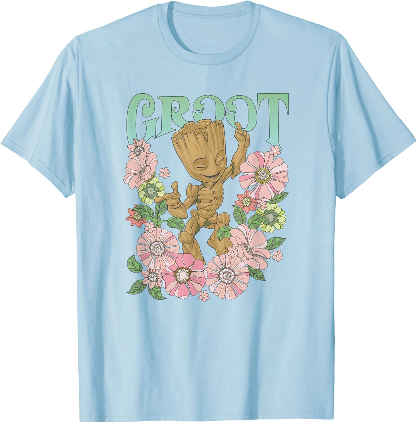 Marvel Guardians of The Galaxy Groot Floral Dance Poster Small T-Shirt - T-Shirt | Light Blue