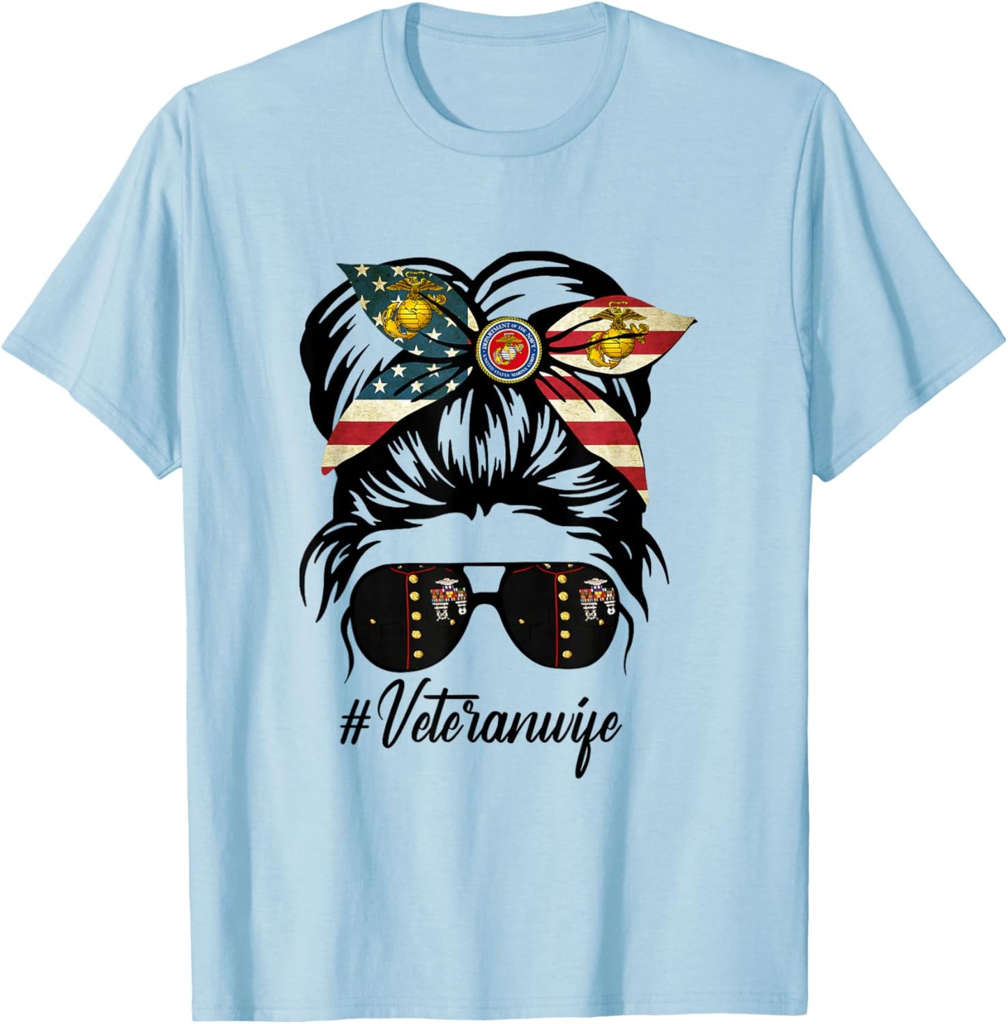 Women Veteran Wife Military Patriotic Messy Bun Hair T-Shirt - T-Shirt | Light Blue