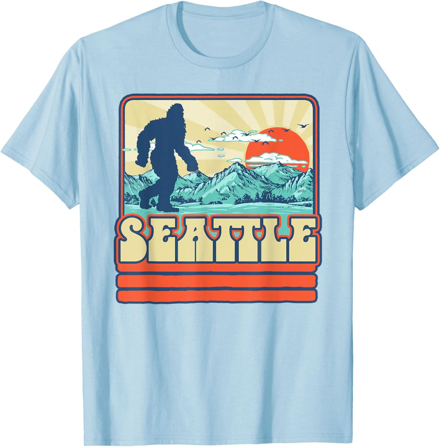 Seattle Bigfoot Mountains Trees Outdoors Retro 80s Vintage T-Shirt - T-Shirt | Light Blue