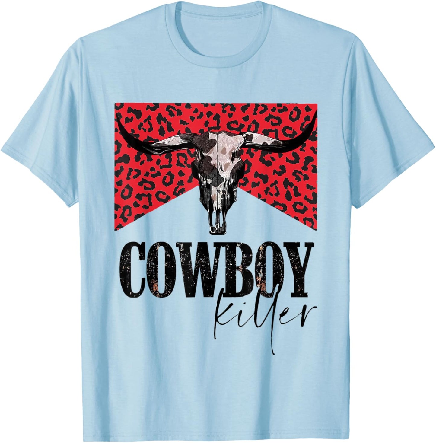 Western Cowgirl Leopard Punchy Cowboy Killers Bull Horn T-Shirt - T-Shirt | Light Blue