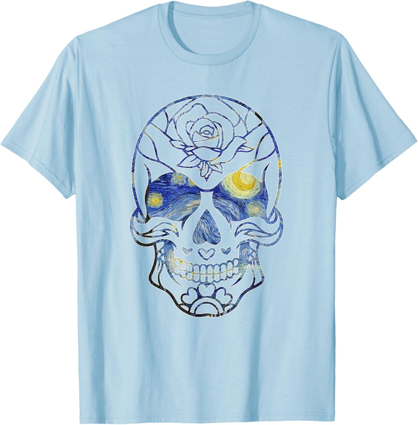 Van Gogh Starry Night Sugar Skull Day of the Dead Art T-Shirt - T-Shirt | Light Blue