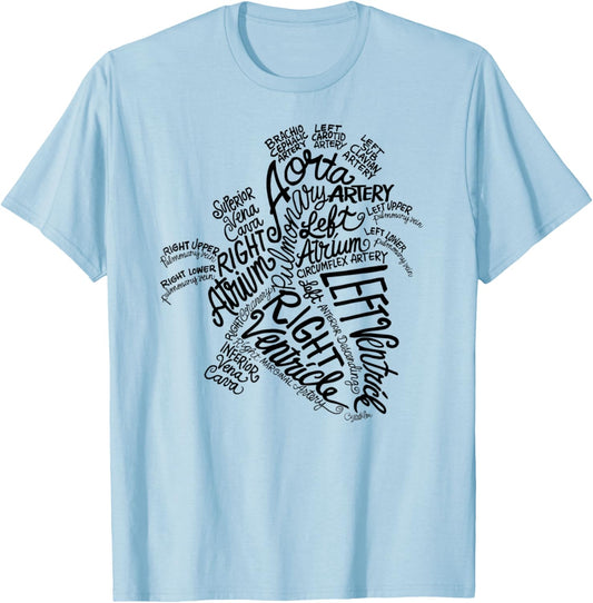 Anatomical Heart Medical Word Art Cloud in Black T-Shirt - T-Shirt | Light Blue