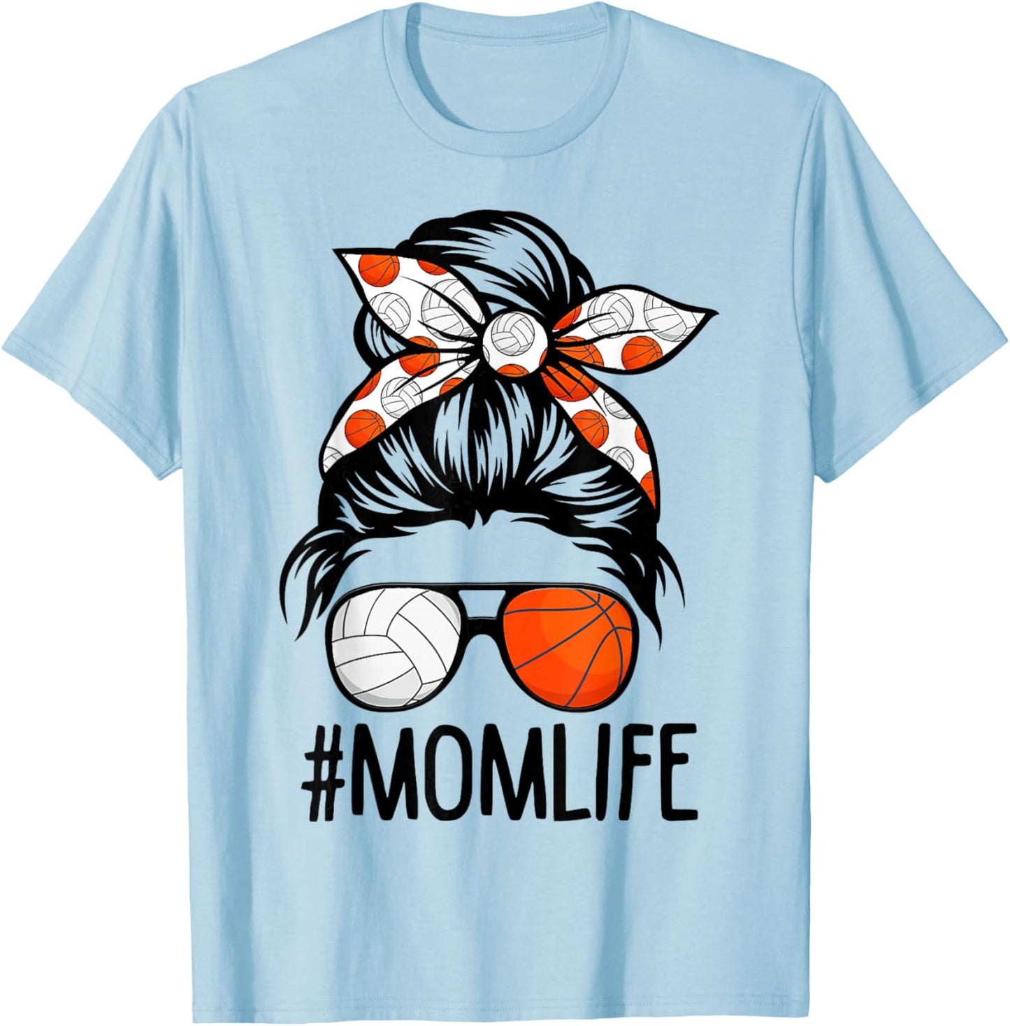 Dy Mom Life Volleyball Basketball Mothers Day Messy Bun T-Shirt - T-Shirt | Light Blue