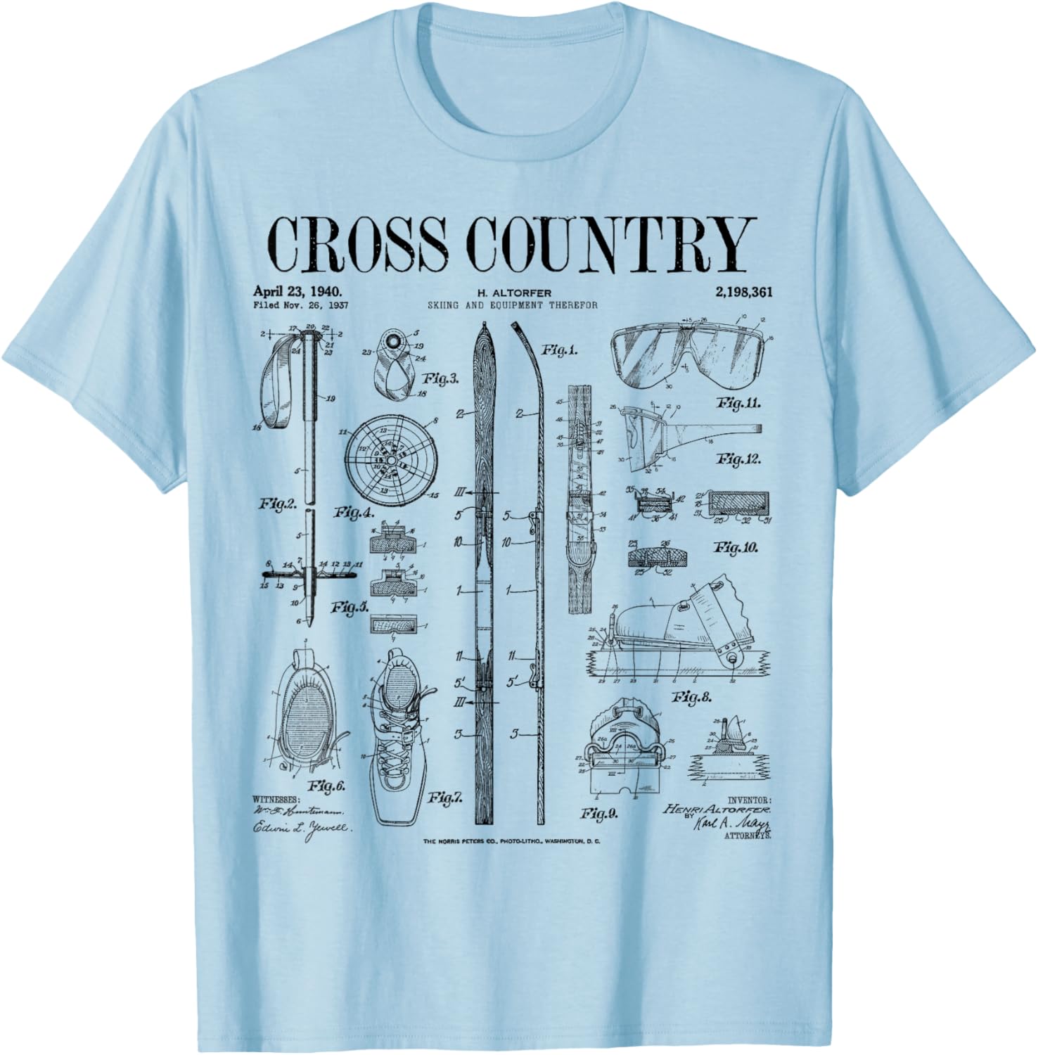 Cross Country Nordic Skiing Ski Vintage Patent Skier Print T-Shirt - T-Shirt | Light Blue