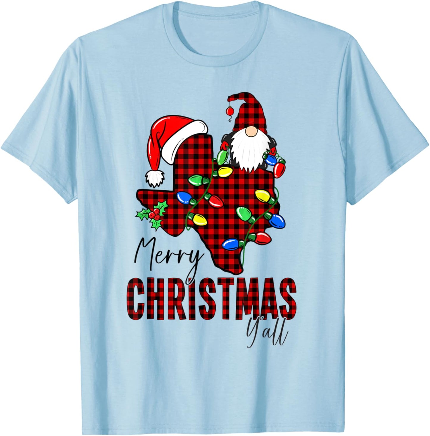 Merry Christmas Y'all Texas State Red Plaid T-Shirt - T-Shirt | Light Blue