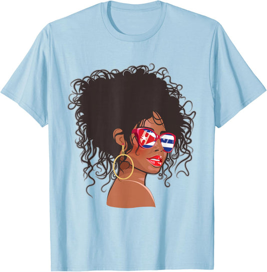 Afro Hair Cuban Flag Shirt Women Black Melanin Queen Cuban T-Shirt - T-Shirt | Light Blue