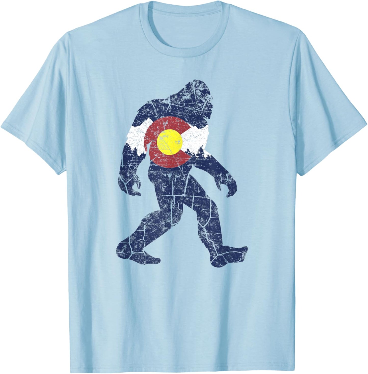 Sasquatch Retro State Flag Colorado Rocky Mountains Skiing T-Shirt - T-Shirt | Light Blue
