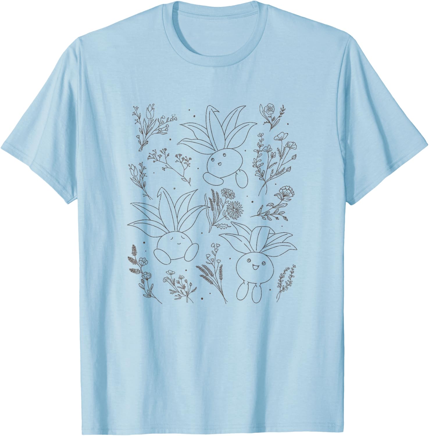 Pokémon Cute Oddish Among The Flowers Outline Portrait T-Shirt - T-Shirt | Light Blue
