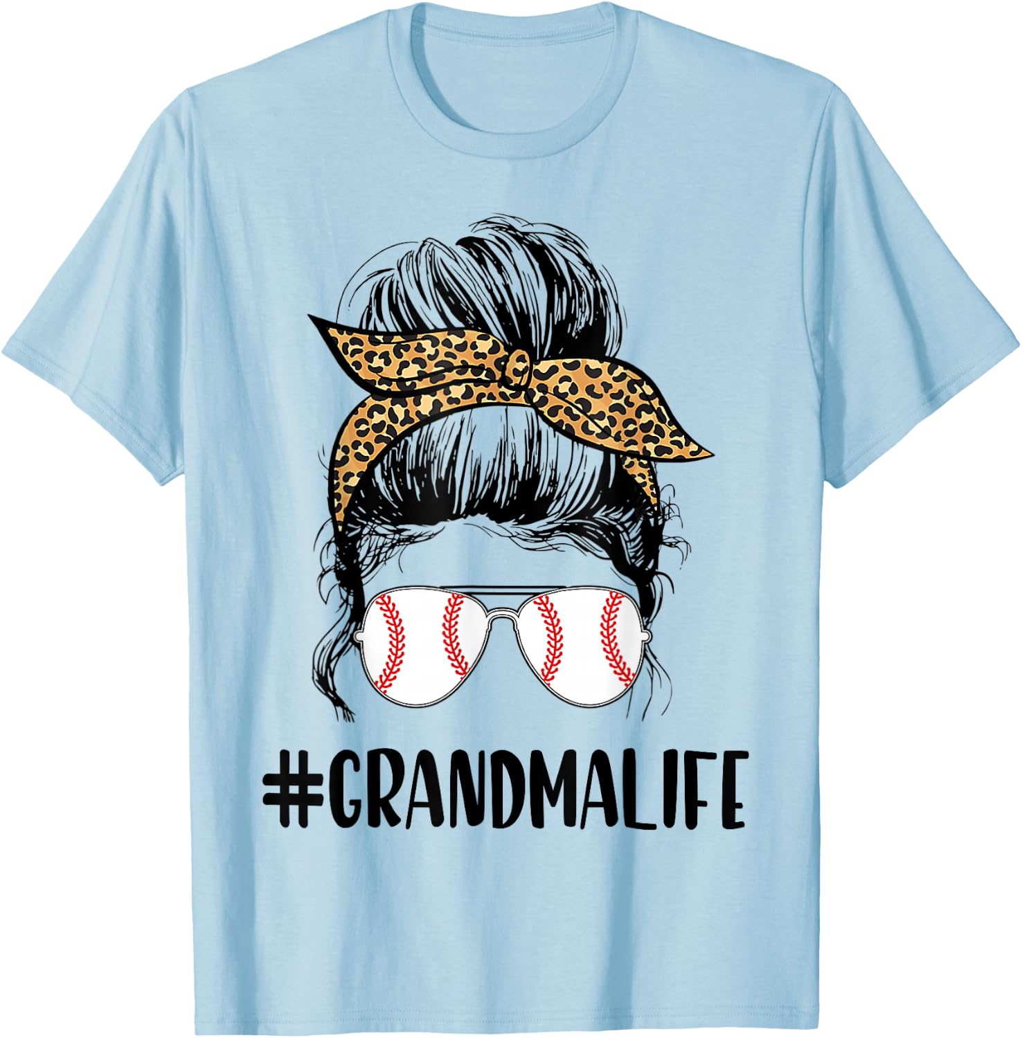 T-ball Grandma Life Messy Bun Leopard Print Softball T-Shirt - T-Shirt | Light Blue