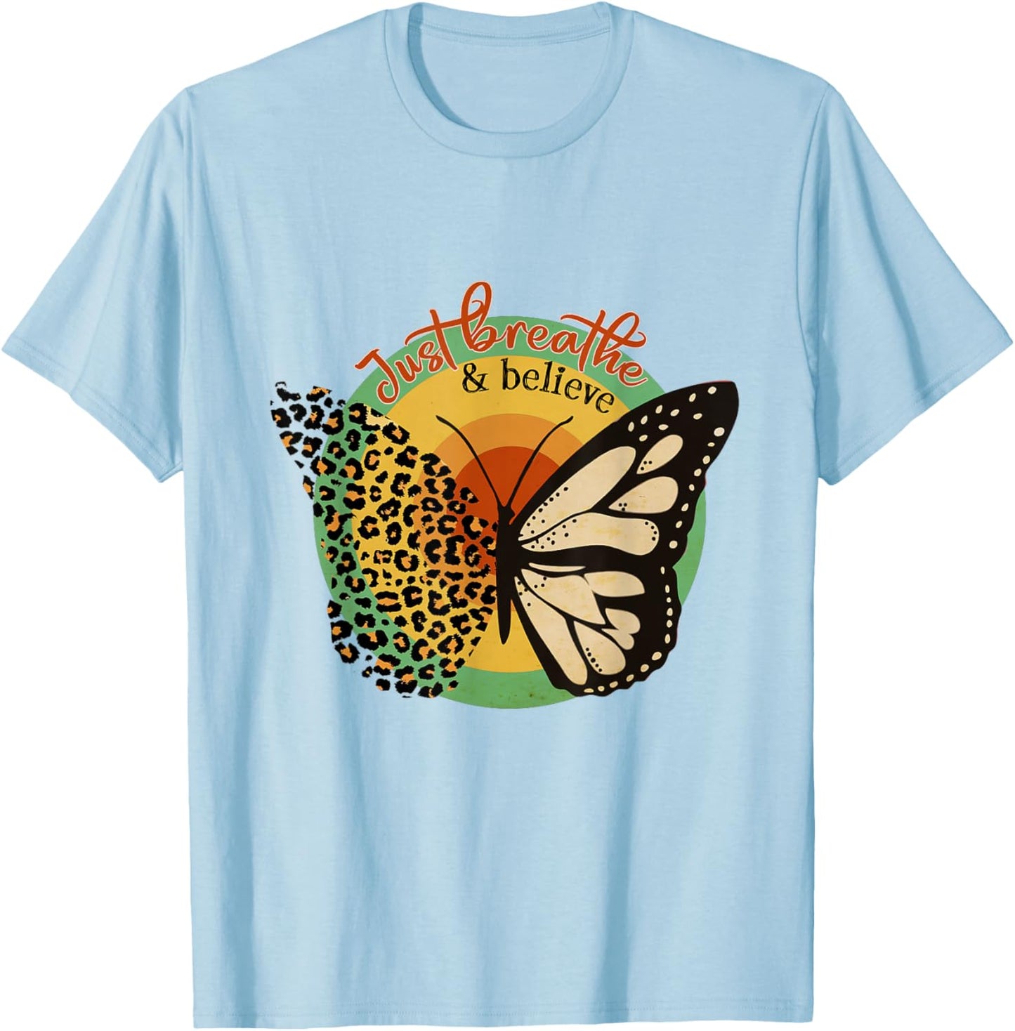 Just Breathe & Believe Keep Calm Leopard Print Butterfly T-Shirt - T-Shirt | Light Blue