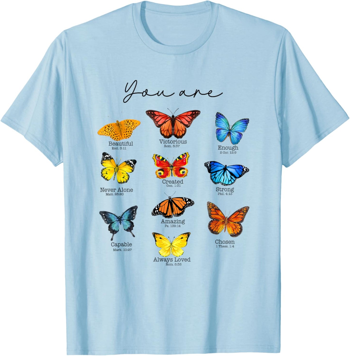 Bible Verse Christian Scripture Watercolor Butterfly Psalm T-Shirt - T-Shirt | Light Blue