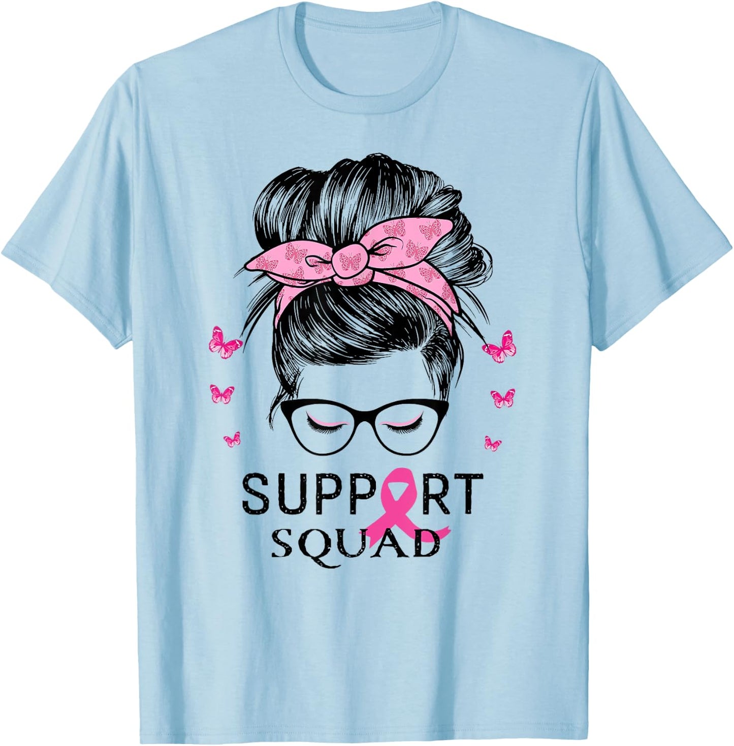 Support Squad Messy Bun Breast Cancer Awareness T-Shirt - T-Shirt | Light Blue
