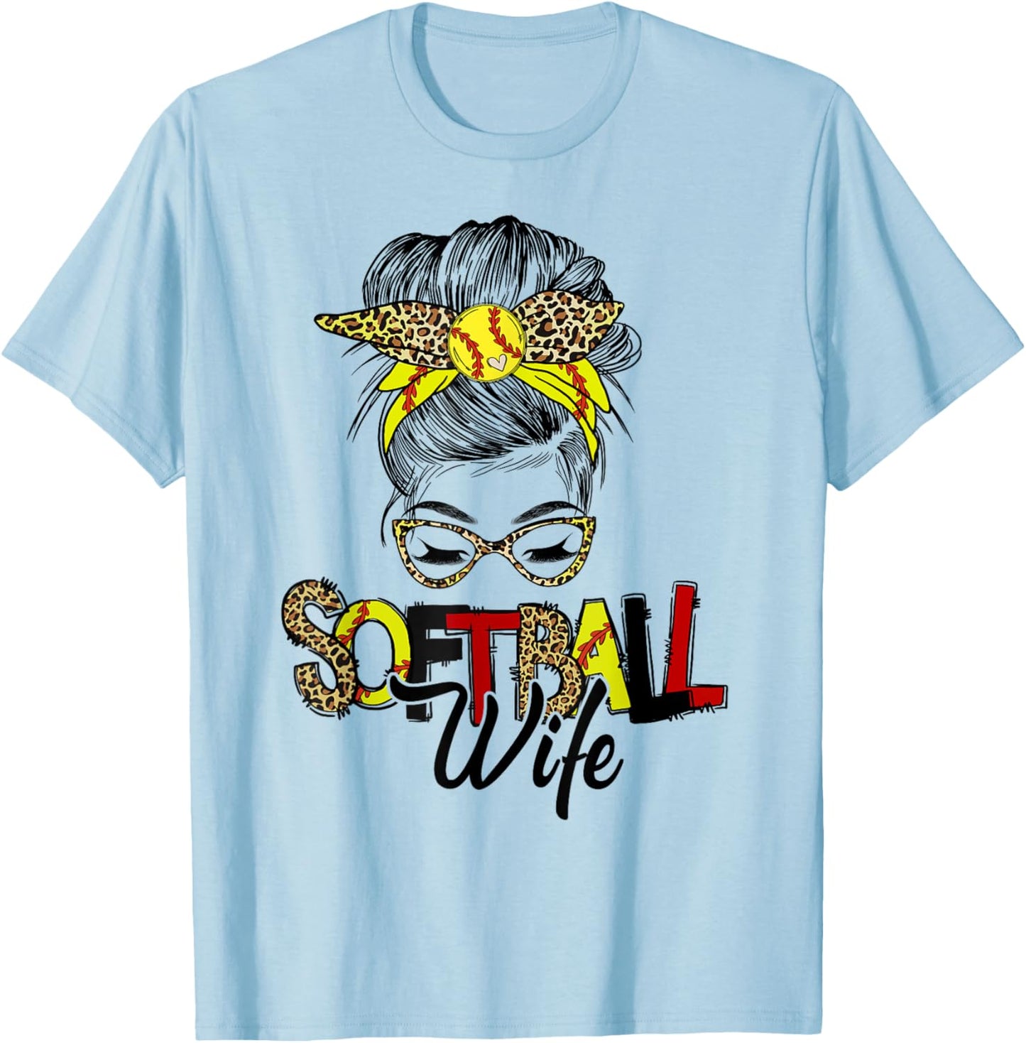 Softball Wife Life With Leopard Messy Bun Mother's Day T-Shirt - T-Shirt | Light Blue