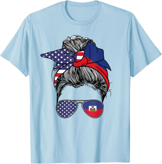 Haitian Women Girl USA Heritage American Haiti Flag T-Shirt - T-Shirt | Light Blue
