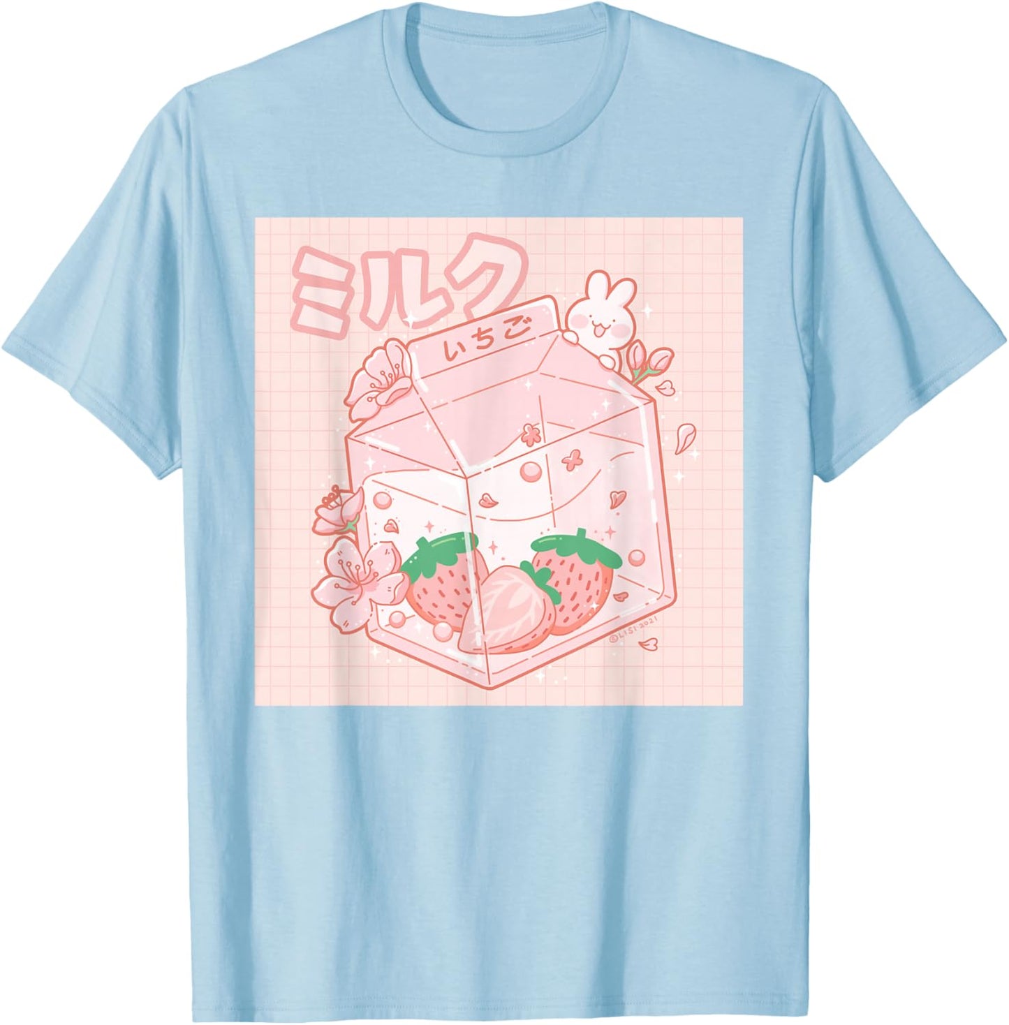 Strawberry Milk Japanese Kawaii Anime Aesthetic Pink T-Shirt - T-Shirt | Light Blue