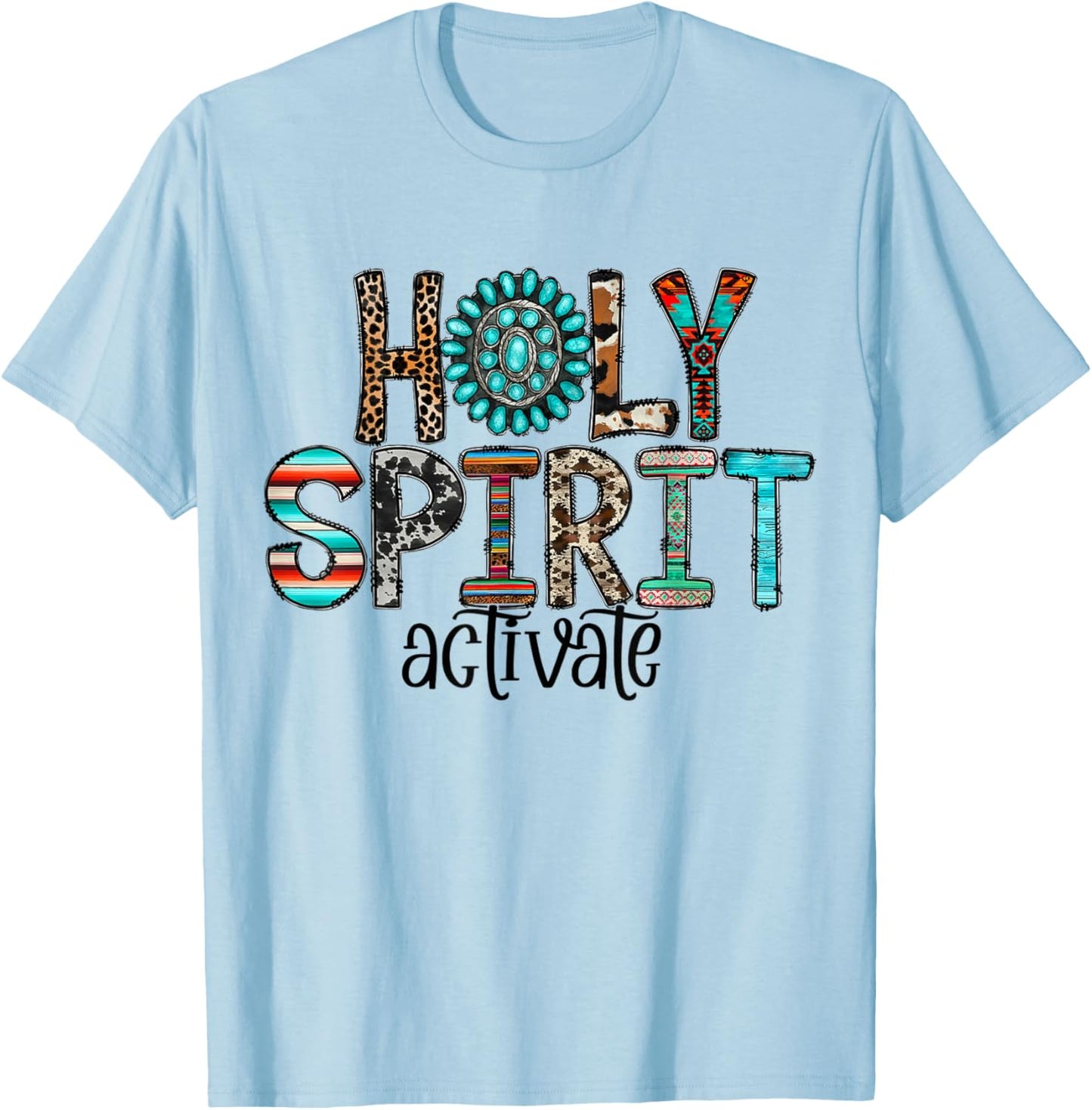Holy Spirit Activate Leopard Western Rodeo Cowhide Gemstone T-Shirt - T-Shirt | Light Blue