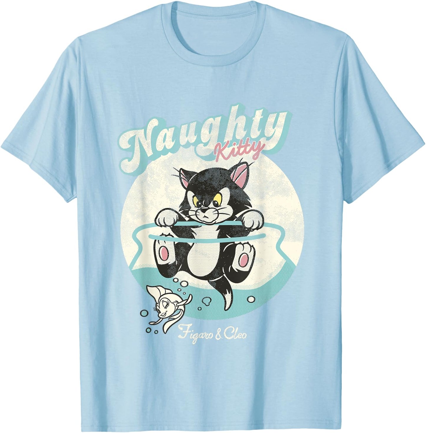 Disney Pinocchio Naughty Kitty Figaro & Cleo Retro Big Logo T-Shirt - T-Shirt | Light Blue