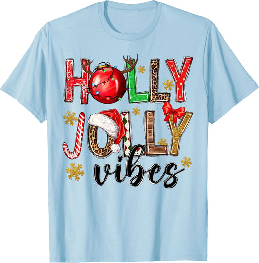 Holly Vibes Jolly Christmas Santa Hat Western Leopard Pajama T-Shirt - T-Shirt | Light Blue