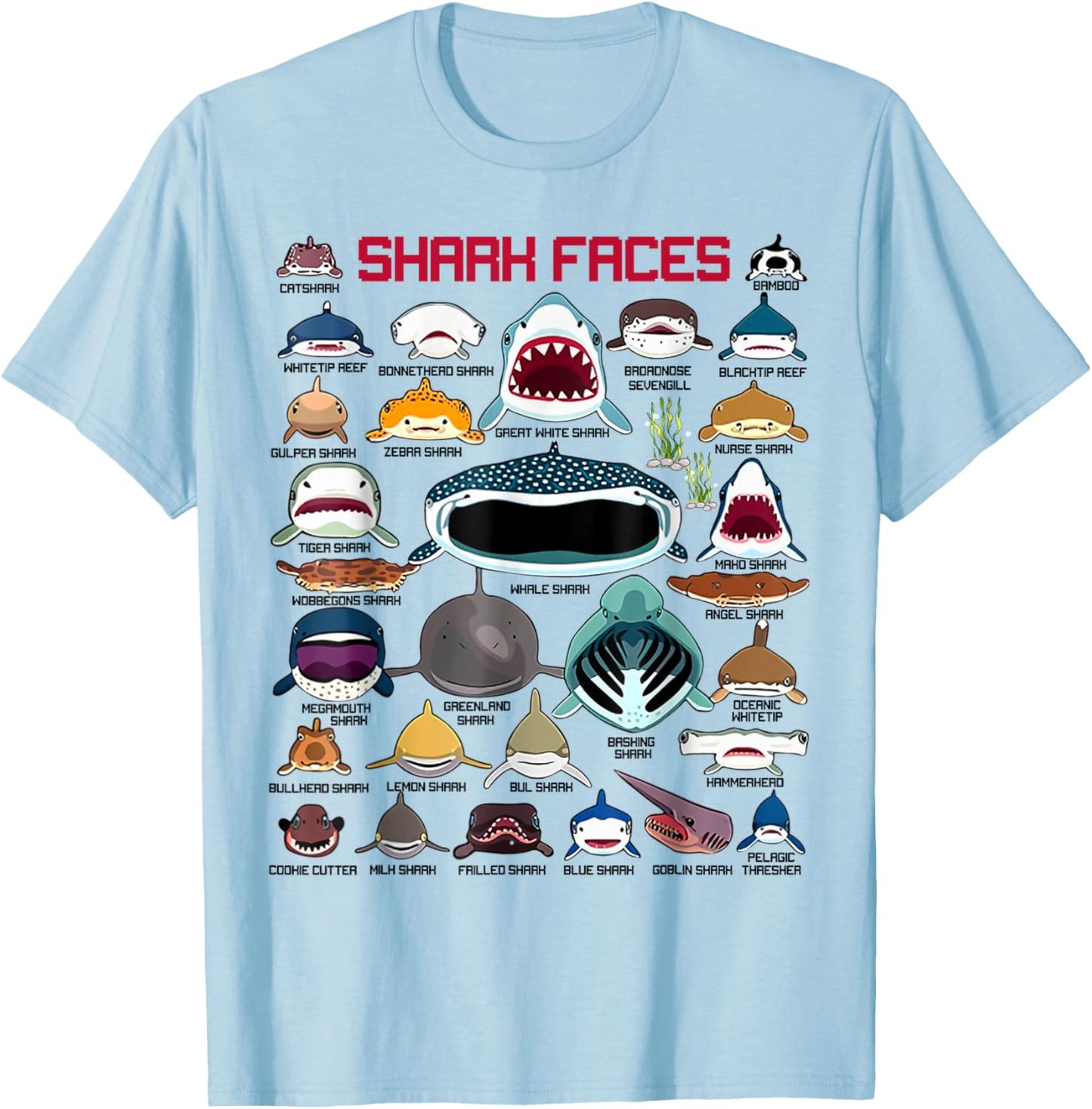 Funny Shark Faces Types Of Sharks Shark Lover Marine Biology T-Shirt - T-Shirt | Light Blue