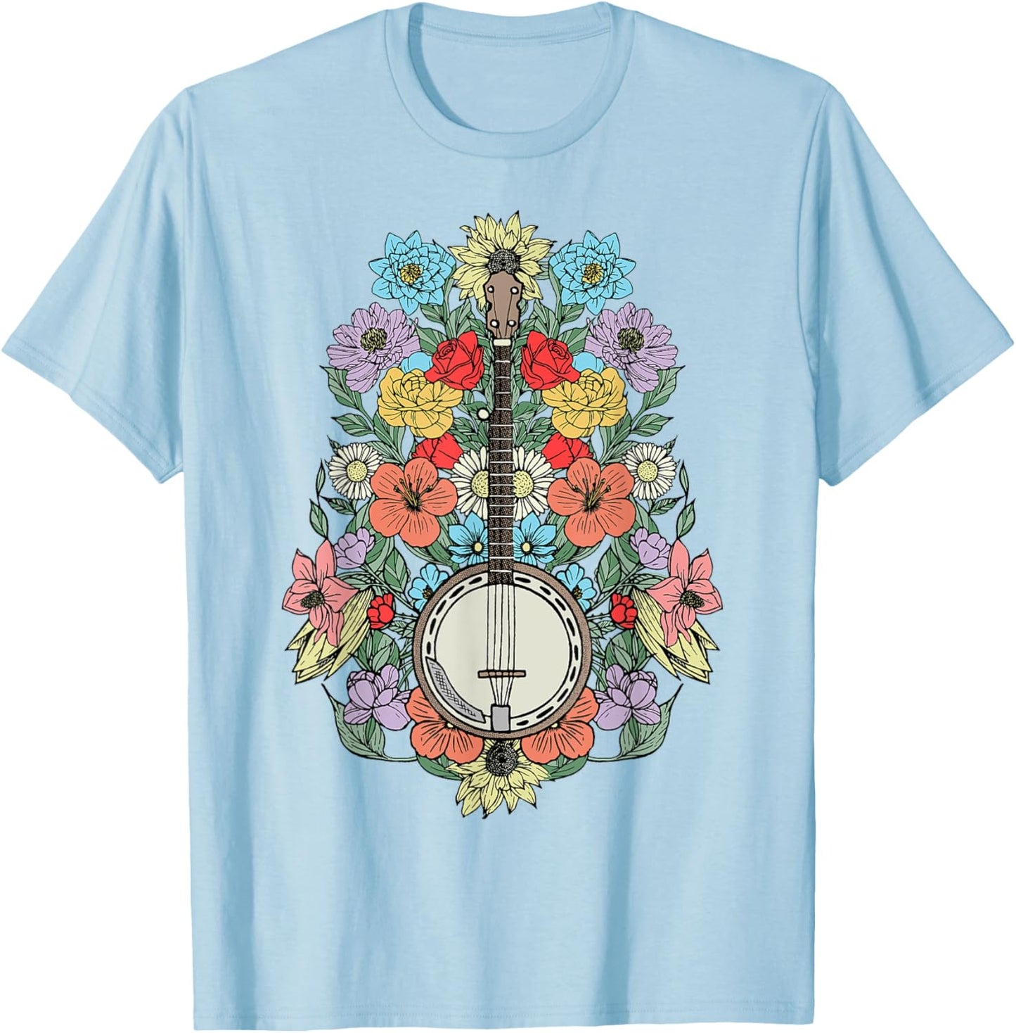 Banjo Flowers Vintage Stringed Bluegrass Folk Floral Design T-Shirt - T-Shirt | Light Blue