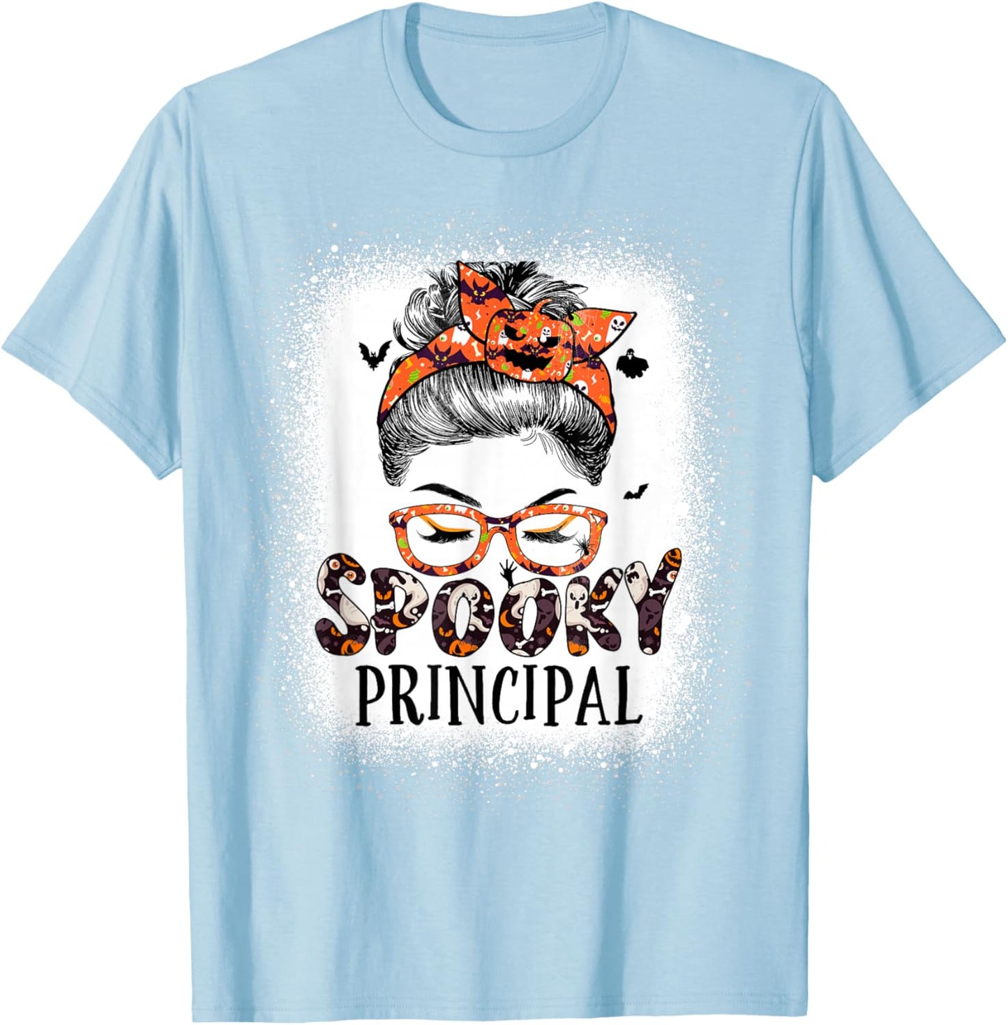 Messy Bun Spooky Principal Bleached Halloween Pumpkin T-Shirt - T-Shirt | Light Blue
