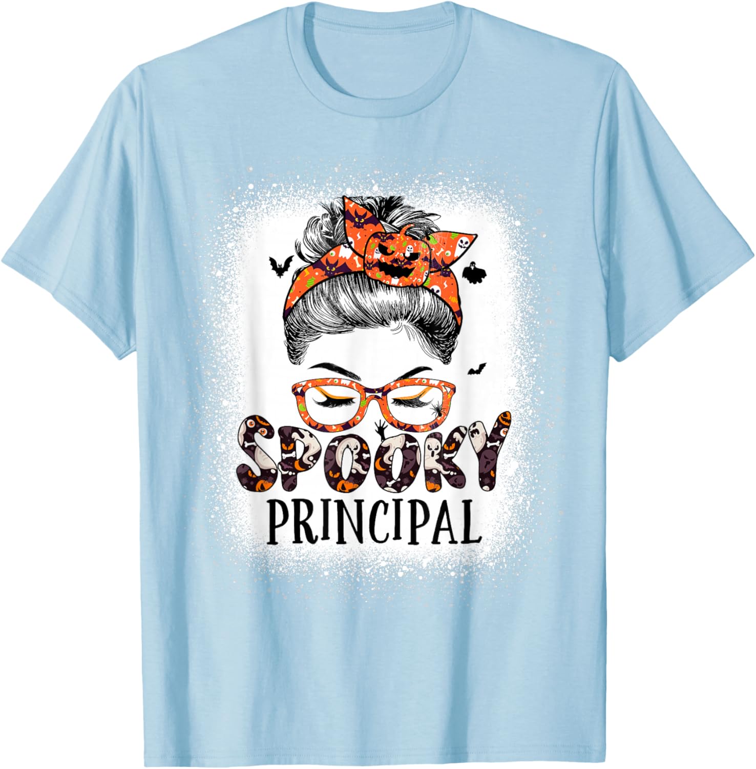 Messy Bun Spooky Principal Bleached Halloween Pumpkin T-Shirt - T-Shirt | Light Blue
