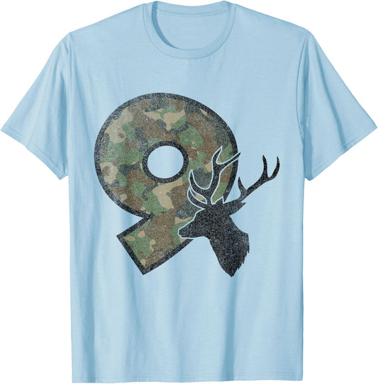9 Nine Year Old Boy Ninth Birthday Country Camo Deer Hunter T-Shirt - T-Shirt | Light Blue
