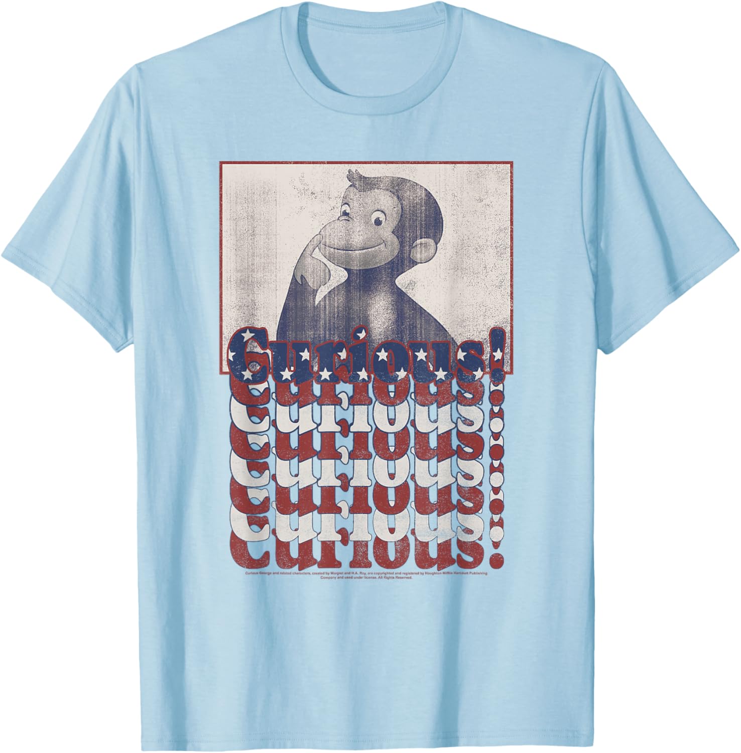 Curious George 4th Of July American Flag Text Stack T-Shirt - T-Shirt | Light Blue