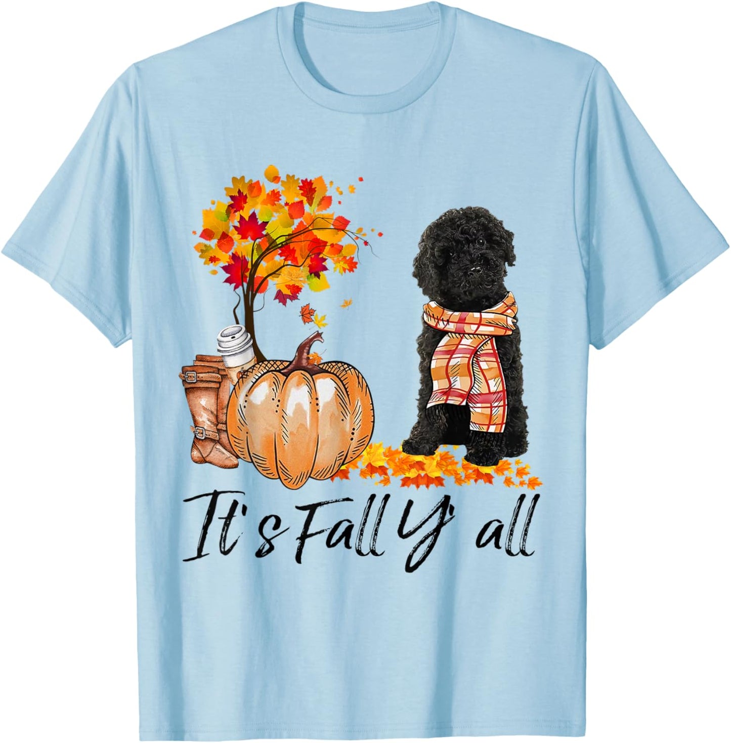 Black Labradoodle It's Fall Y'all Pumpkin Autumn Gift T-Shirt - T-Shirt | Light Blue