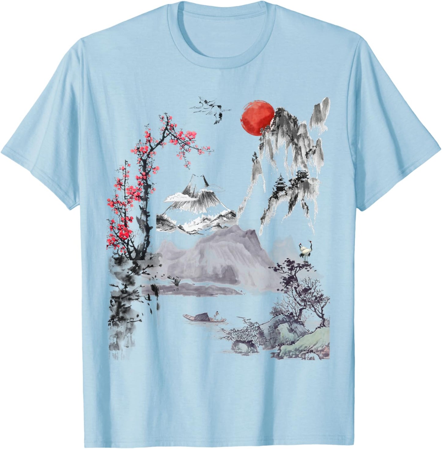 Japanese Art Tree Red Moon With Birds Flying in Background T-Shirt - T-Shirt | Light Blue