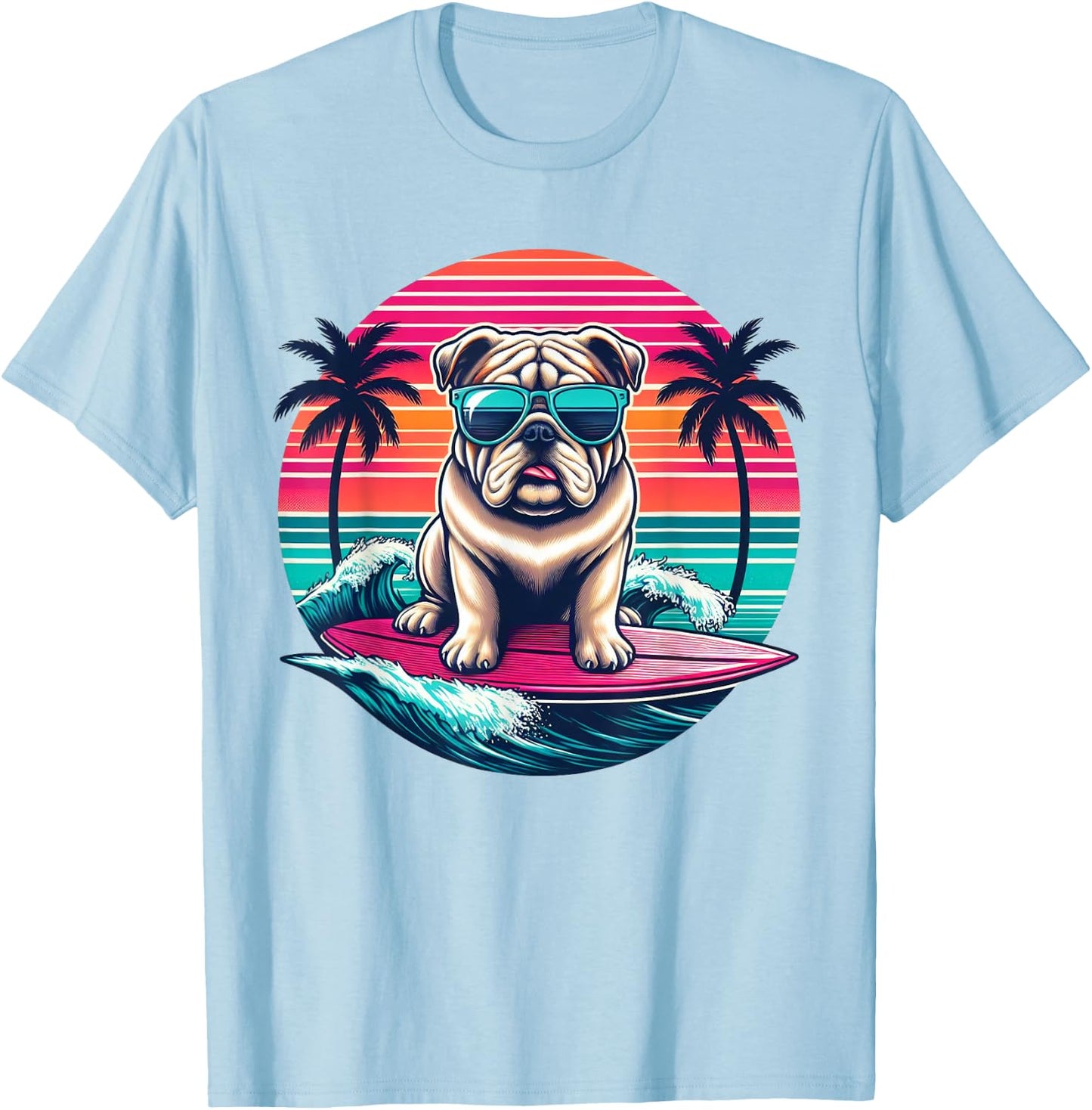 Surfing English Bulldog Retro Sunset Men Women Kids T-Shirt - T-Shirt | Light Blue