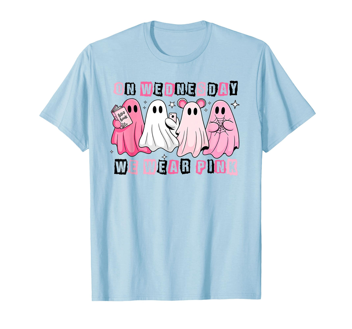 Funny On Wednesday We Wear Cute Pink Ghost Halloween T-Shirt