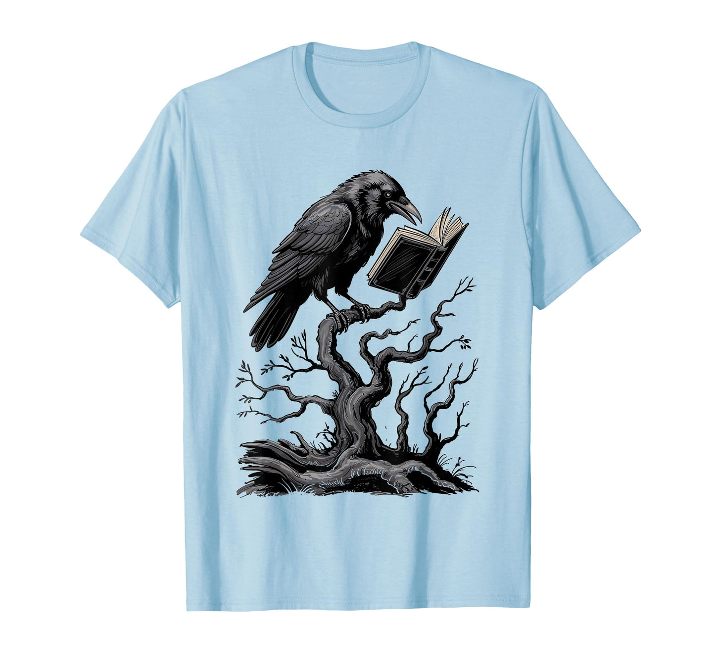 Spooky Raven Reading Book Lover Crow Halloween Tree Goth T-Shirt