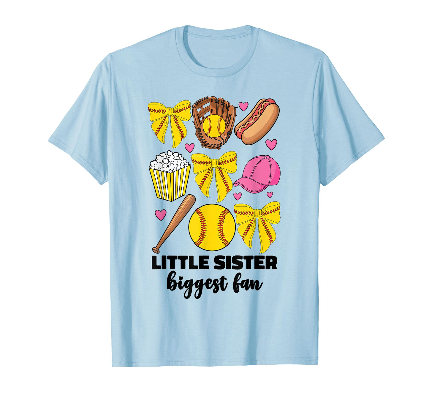 Little Sister Biggest Fan Softball Teen Girls Coquette Bow T-Shirt