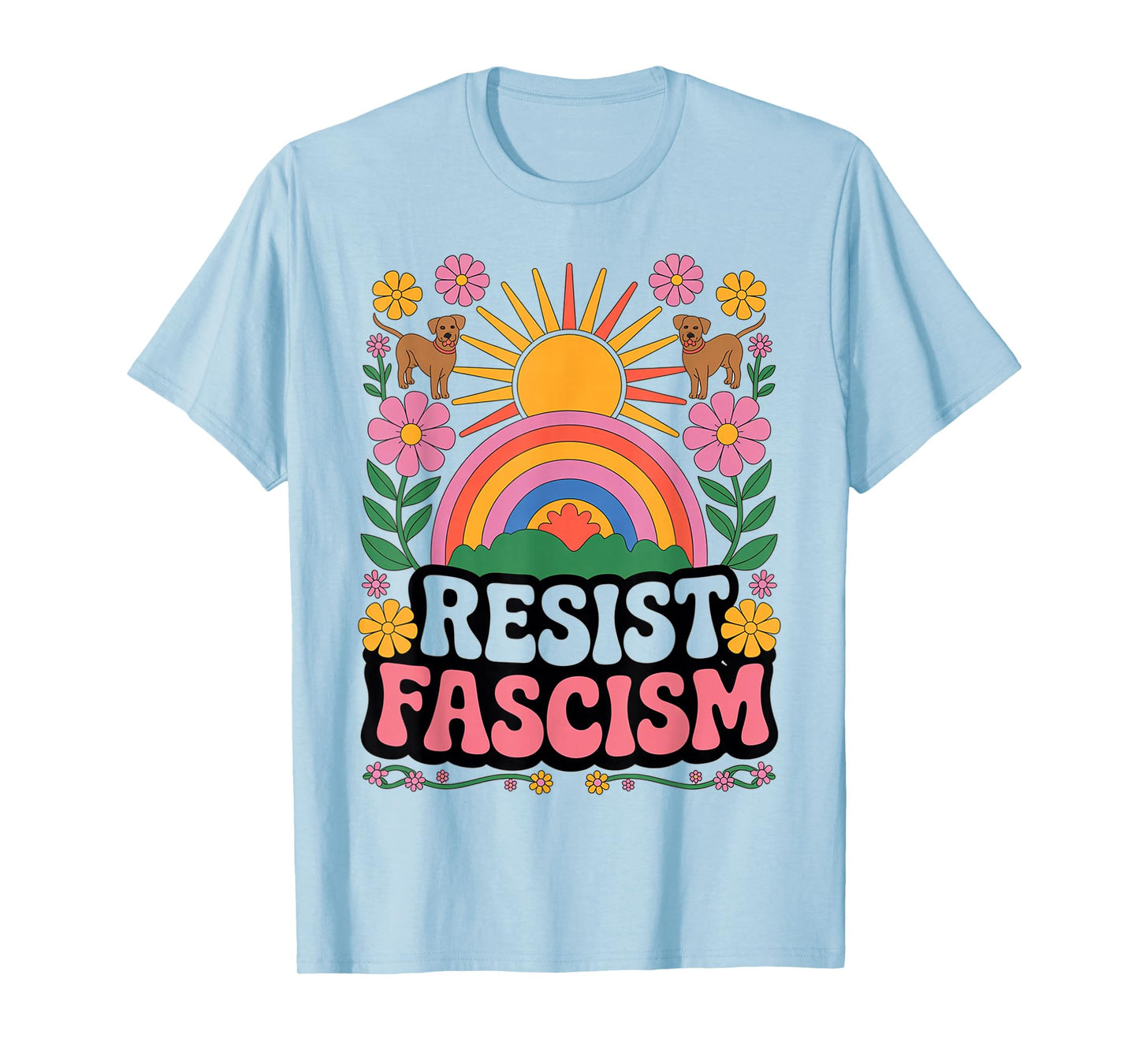 Dogs Resist Fascism Retro Groovy Rainbow No Kings Hippie T-Shirt