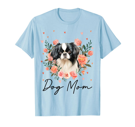 Womens Cute Japanese Chin Mom Flower Dog Lover T-Shirt