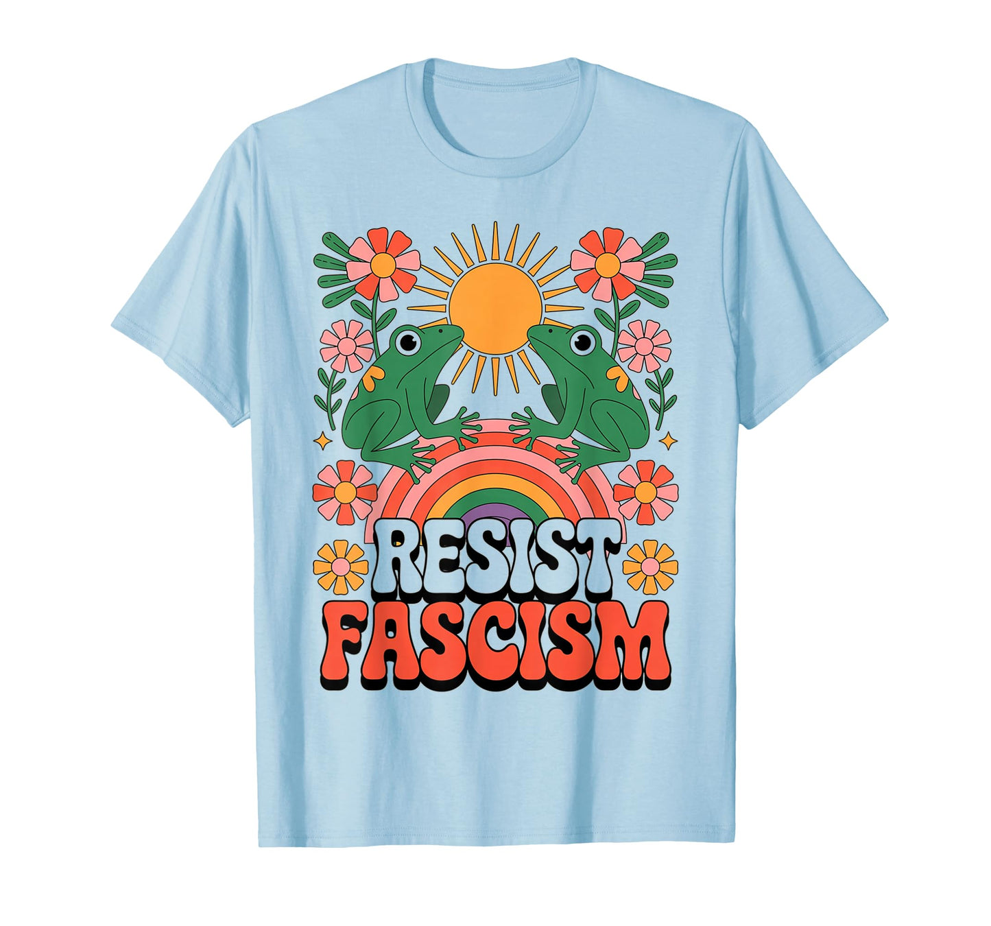 Frogs Resist Fascism Retro Groovy Rainbow No Kings Hippie T-Shirt