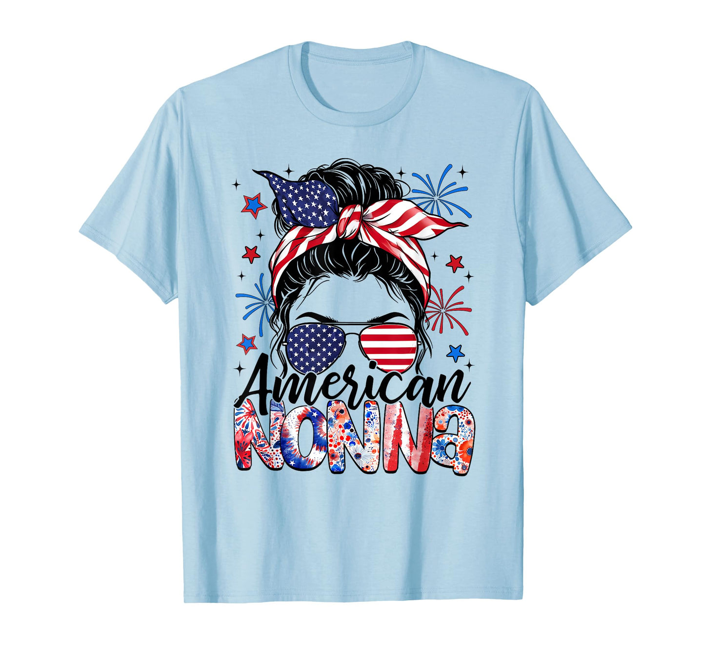 Nonna 4th Of July American Flag Patriotic Messy Bun T-Shirt