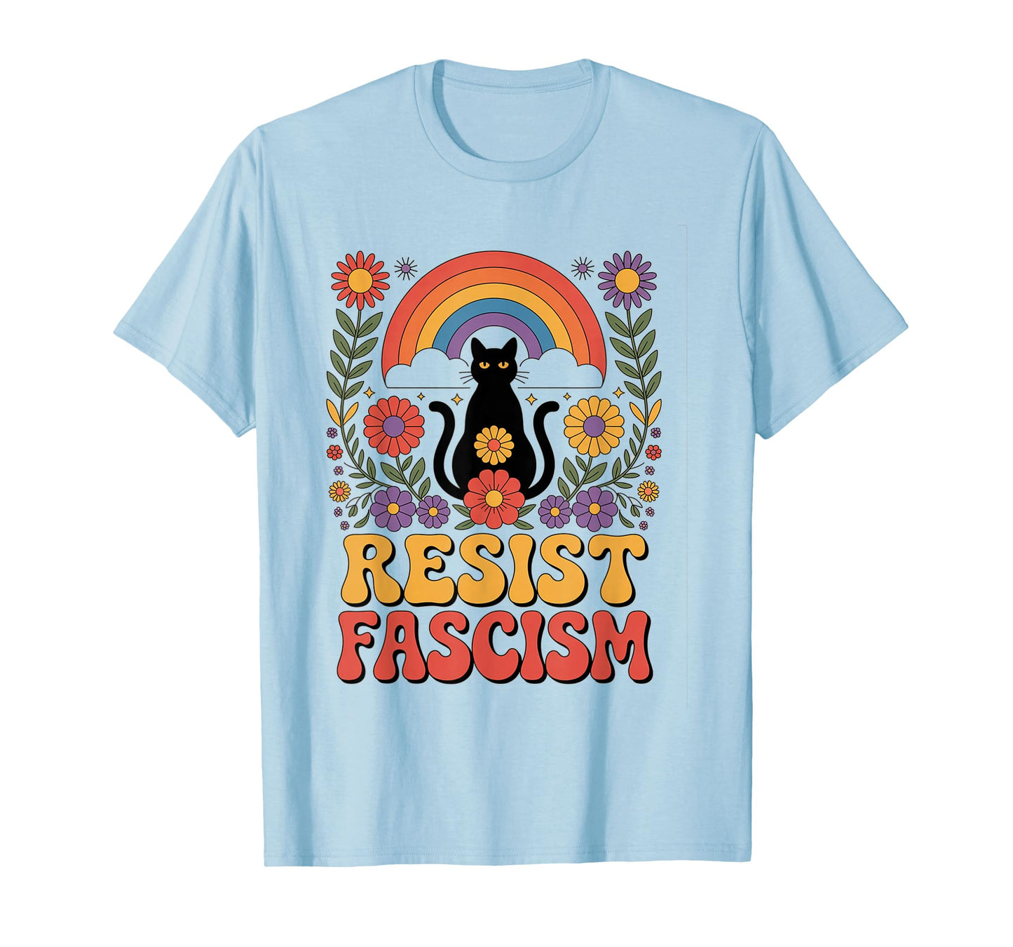 Cat Resist Fascism Retro Groovy Rainbow No Kings Hippie T-Shirt