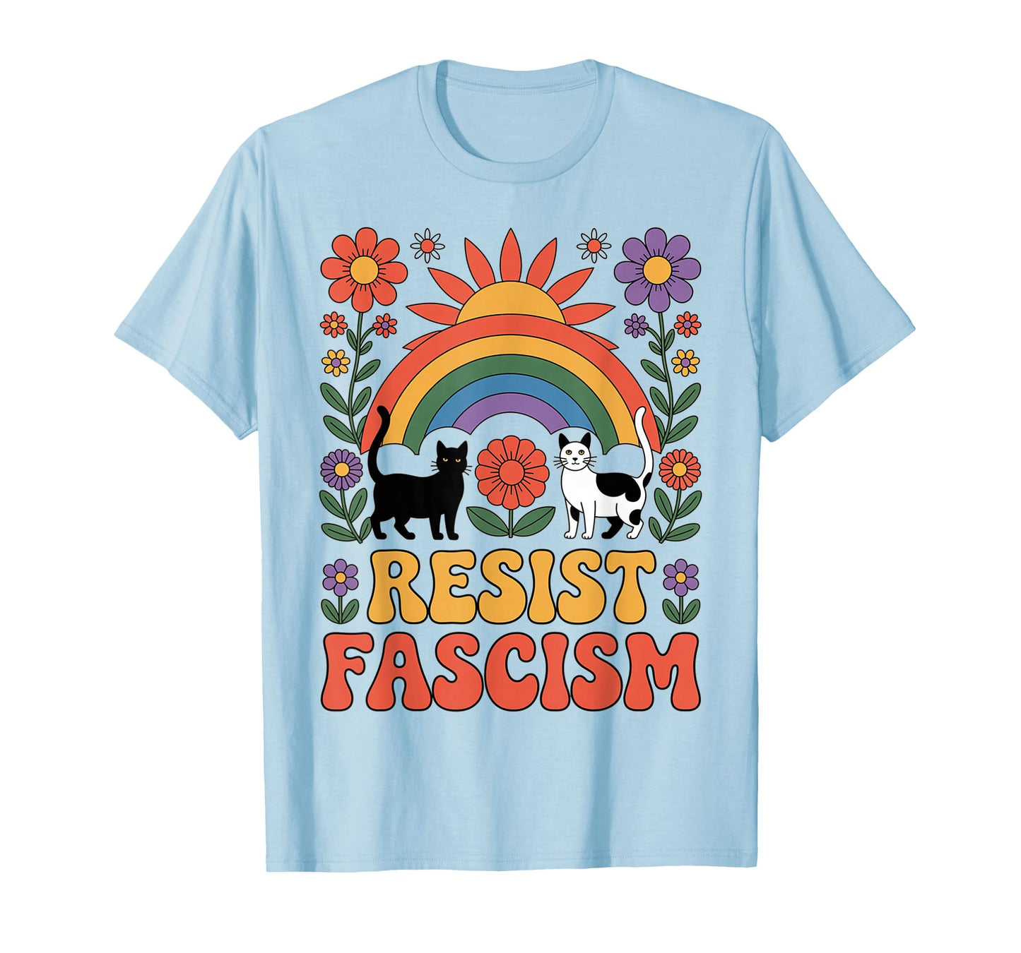 Cats Resist Fascism Retro Groovy Rainbow No Kings Hippie T-Shirt