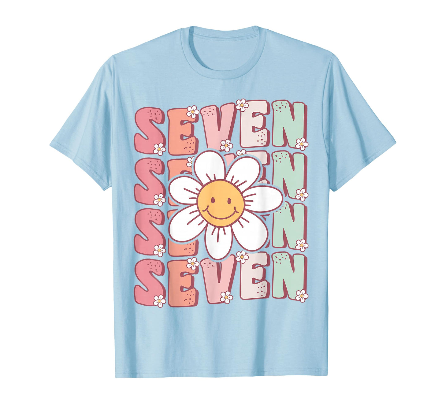 Cute Groovy 7th Birthday Party Daisy Flower Seven Year Old T-Shirt