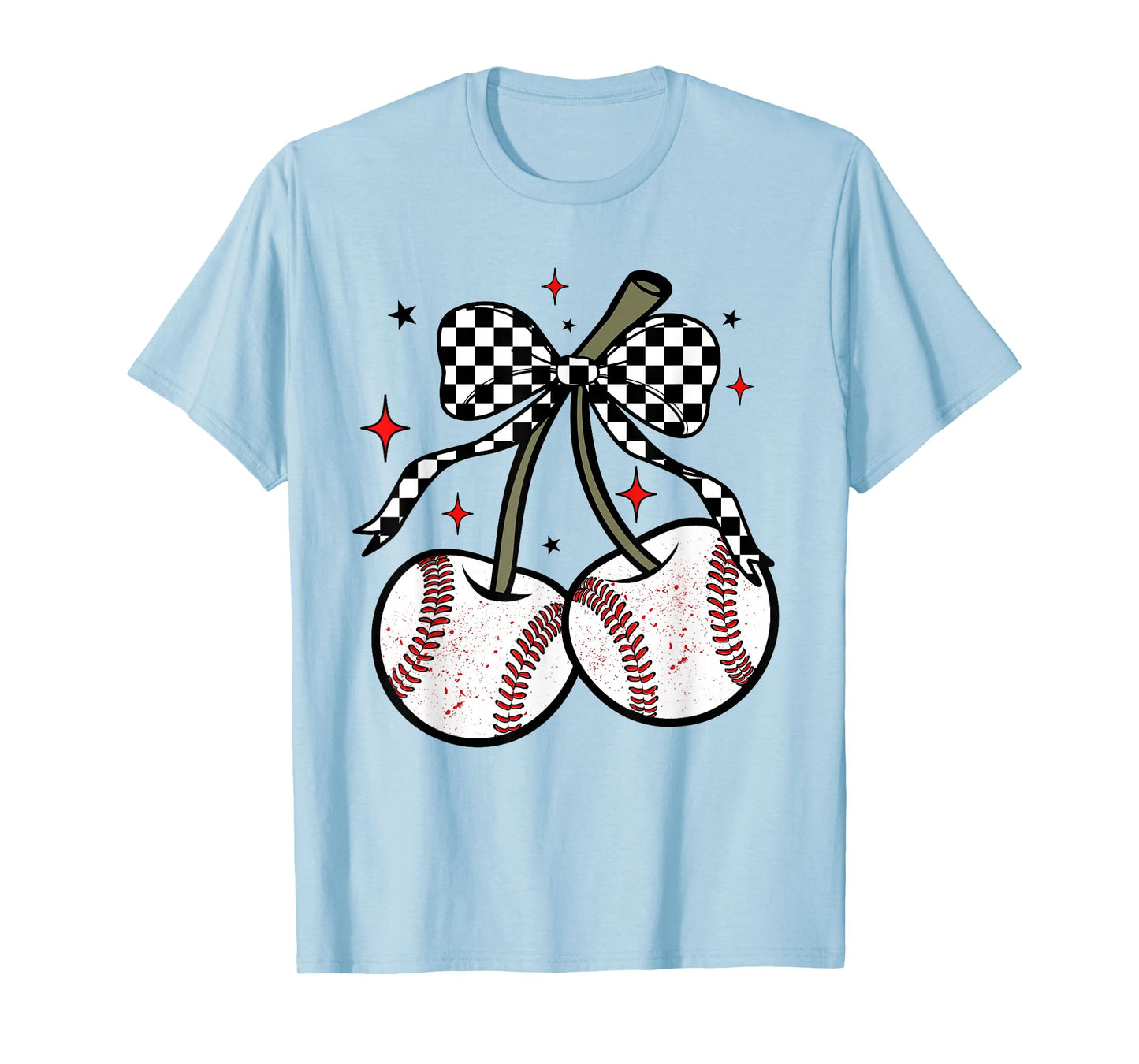 Baseball Cherries Coquette, Checkered Baseball Bow Girls T-Shirt