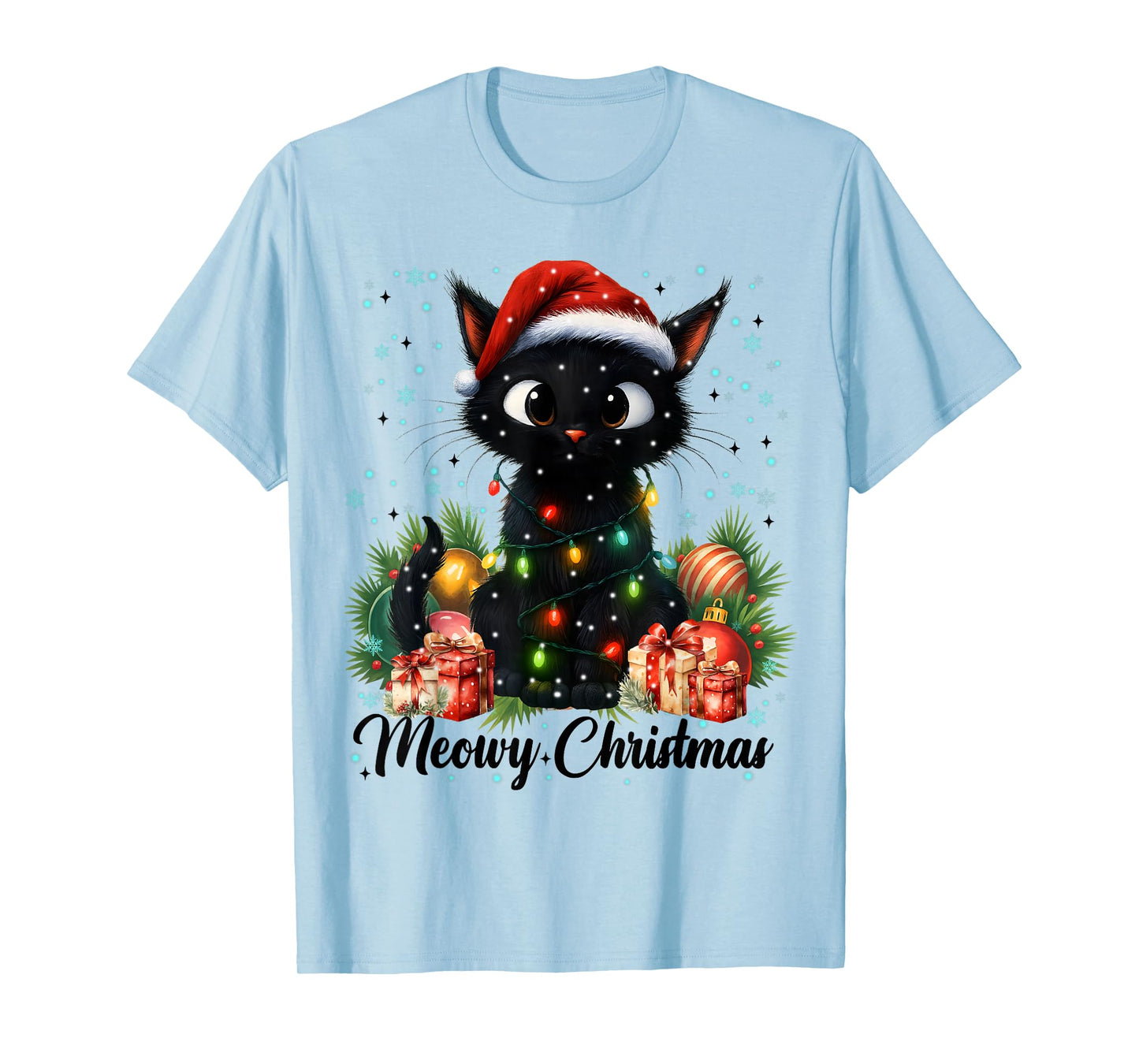 Moewy Christmas Black Cute Cat Santa Hat Xmas Women Girl T-Shirt
