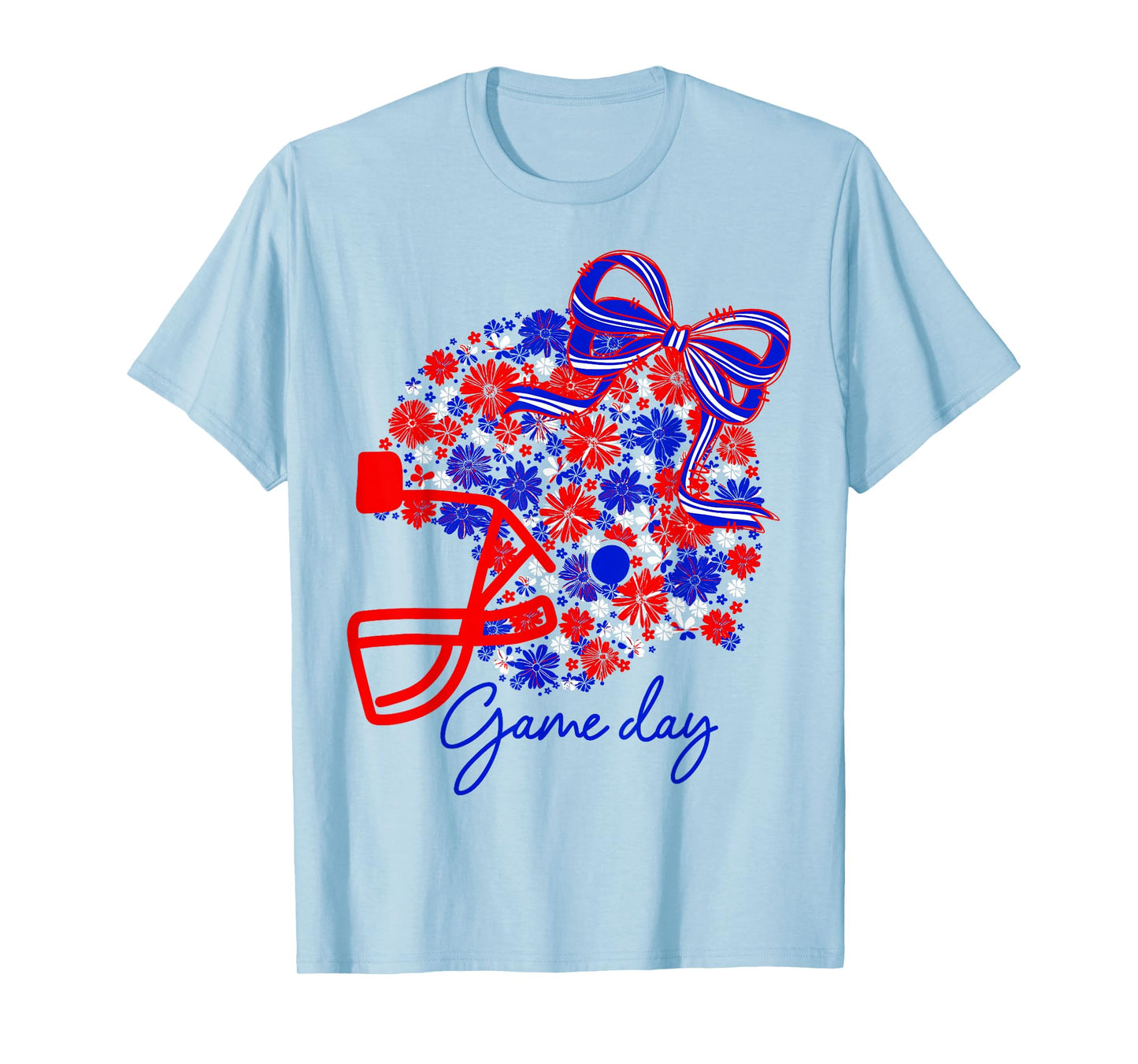 Floral Football Game Day Girly Team Spirit Blue Red & White T-Shirt