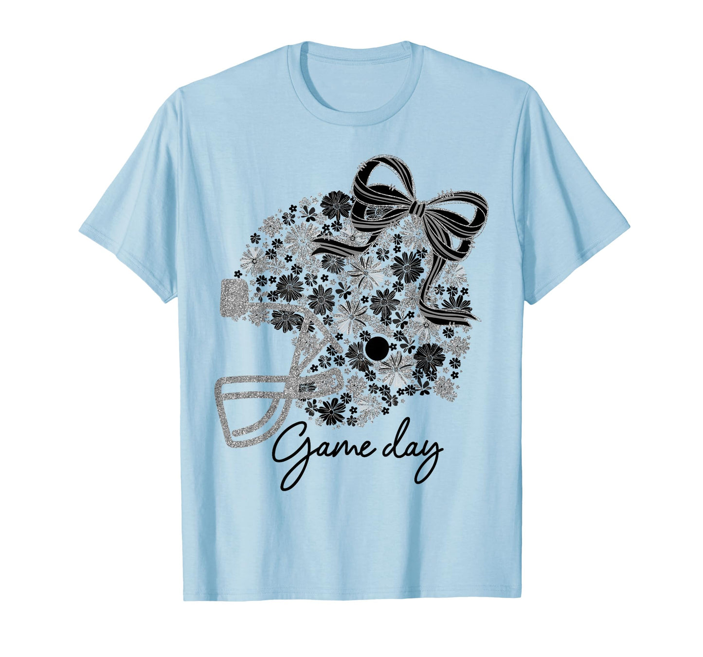 Floral Football Game Day Girly Team Spirit Black & Silver T-Shirt
