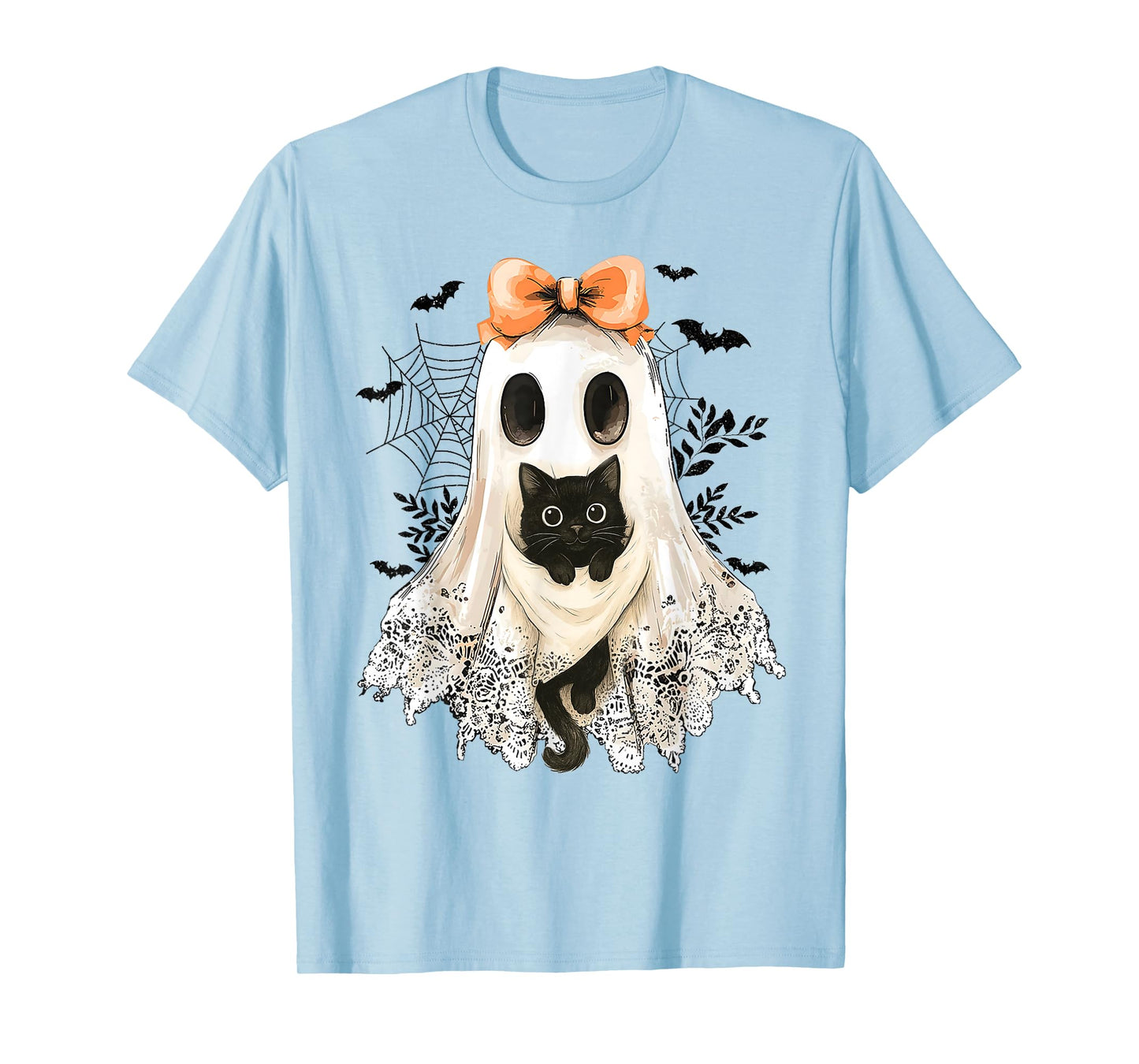 Retro Lace Ghost Coquette Black Cat Spooky Halloween Women T-Shirt
